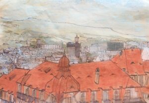 GE Vue de la rue de Malatrex, tecnique mixte sur papier kraft, cm. 21x29.5, 2023 copia copie
