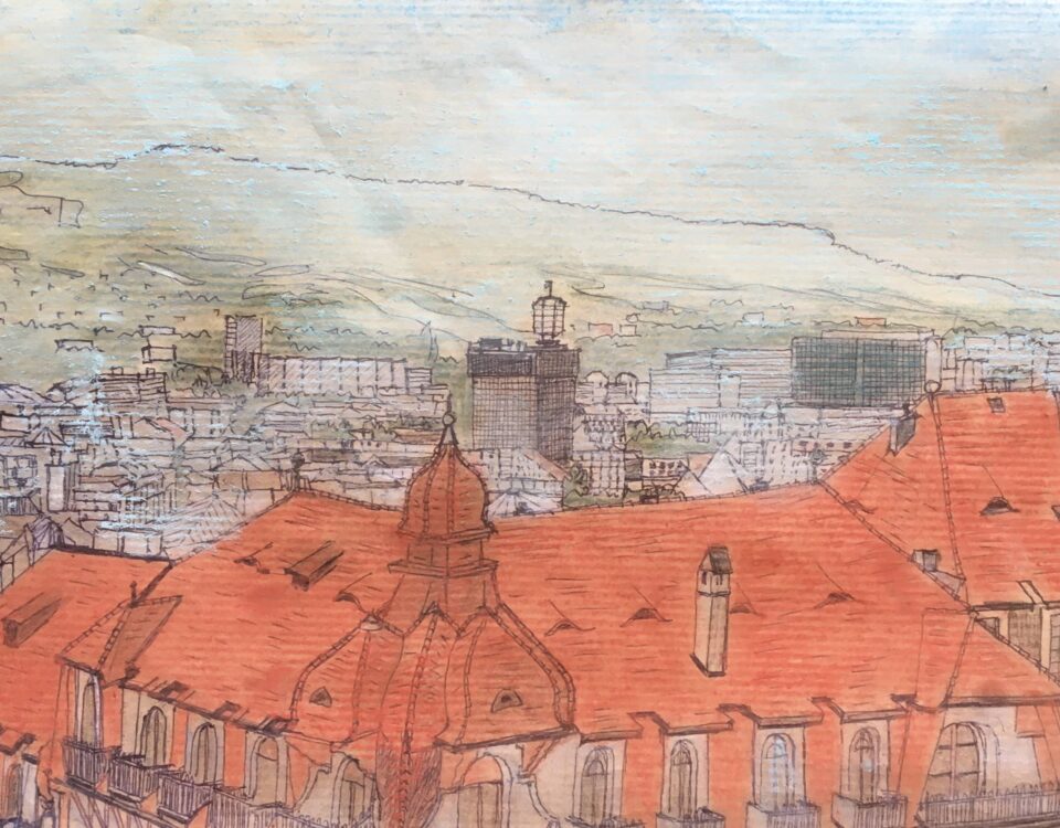 GE Vue de la rue de Malatrex, tecnique mixte sur papier kraft, cm. 21x29.5, 2023 copia copie